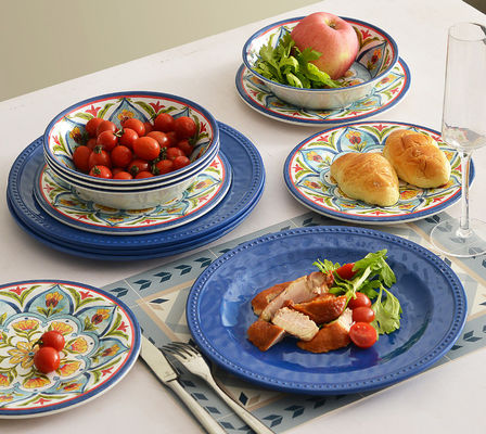 Melamine eetgerei sets, 12pcs schotels set voor 4, borden en borden sets buitenspeed, vaatwasser veilig BPA vrij (Re